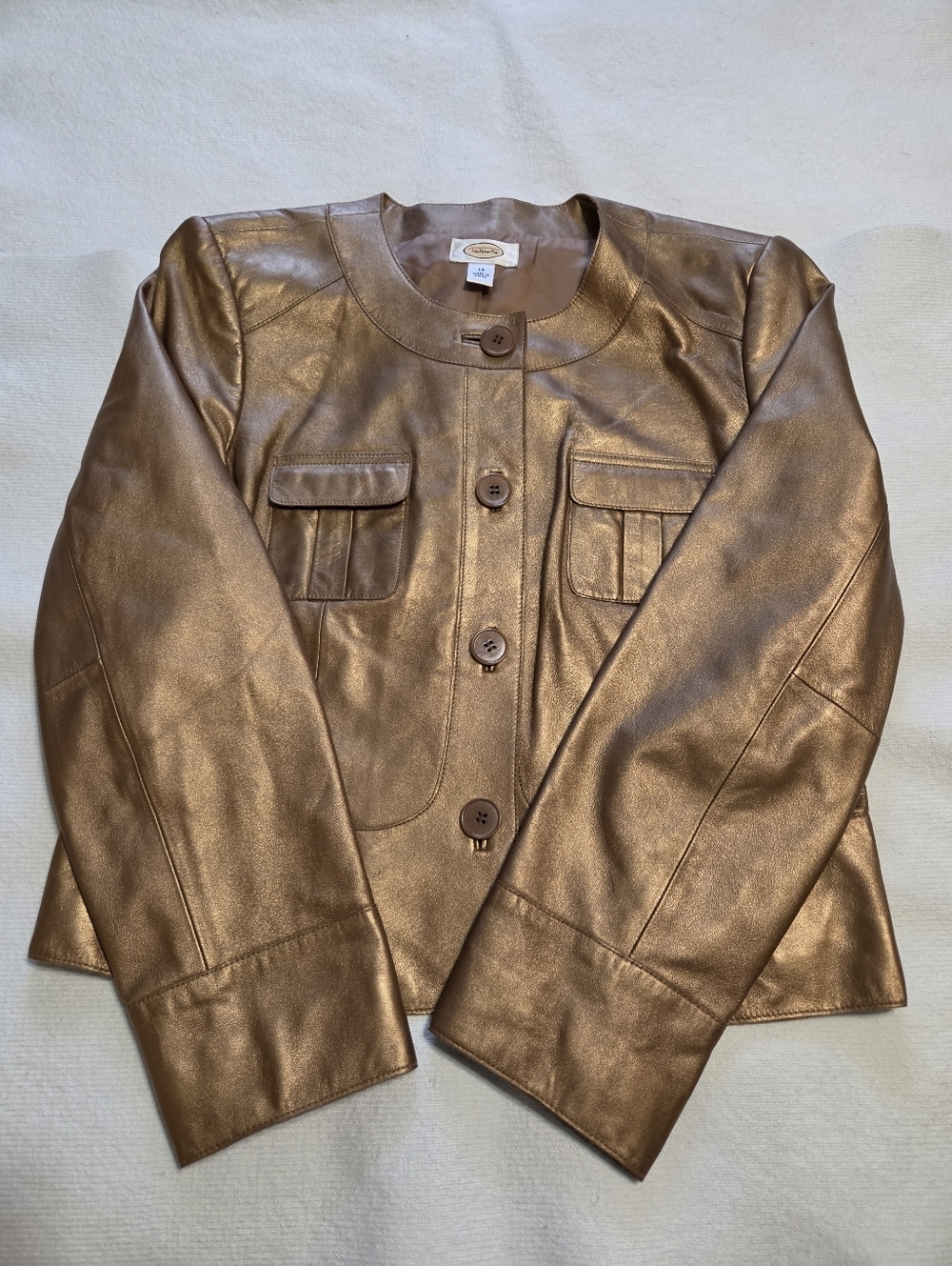 Leather Metallic Gold Stylish Bronze Soft Leather Jacket By Talbots - Women Sz L